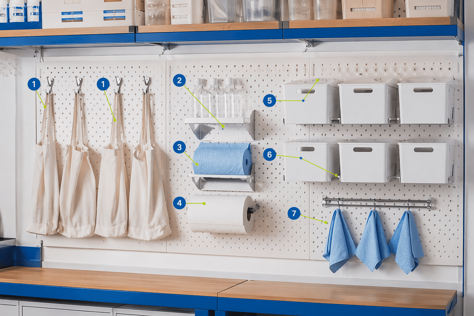 Cleanup & Storage Wall — annotated shelf board