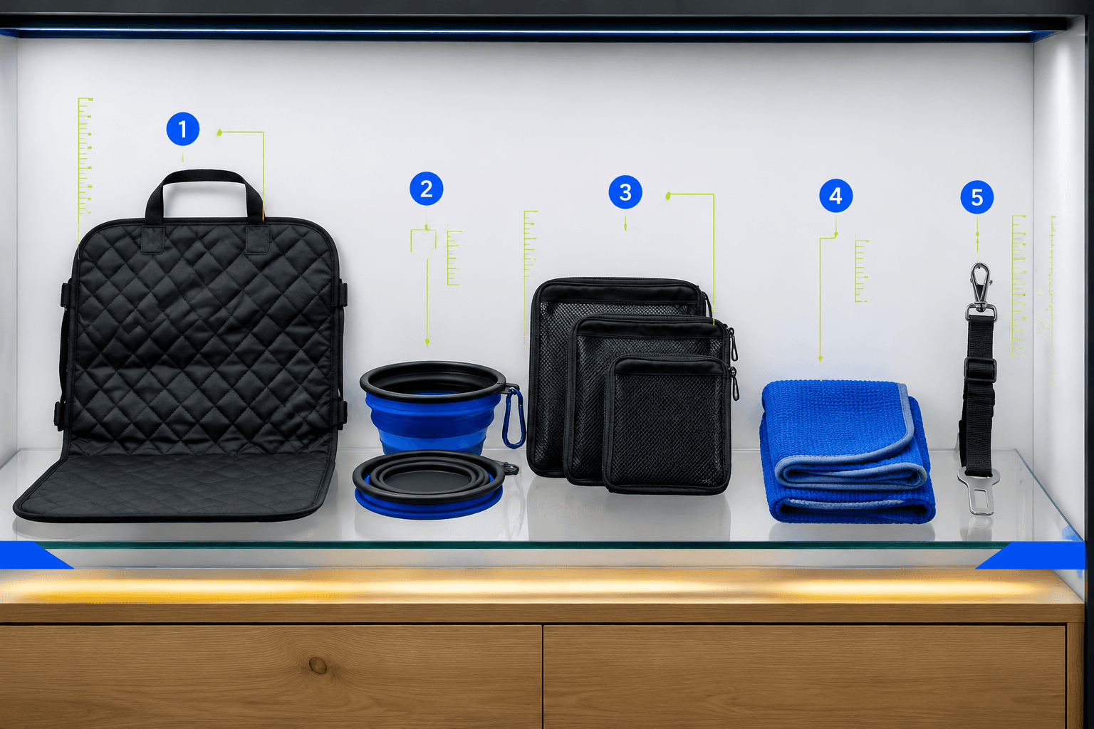 Travel Essentials Shelf — annotated shelf board