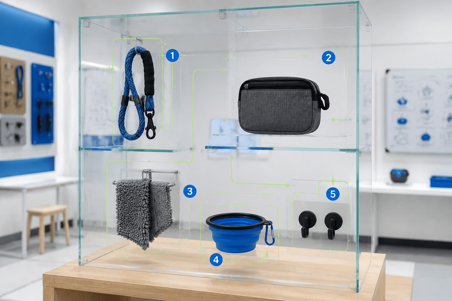 Transparent glass shelf prototype holding generic pet accessories in a retail innovation lab, with numbered stickers and lime annotation lines